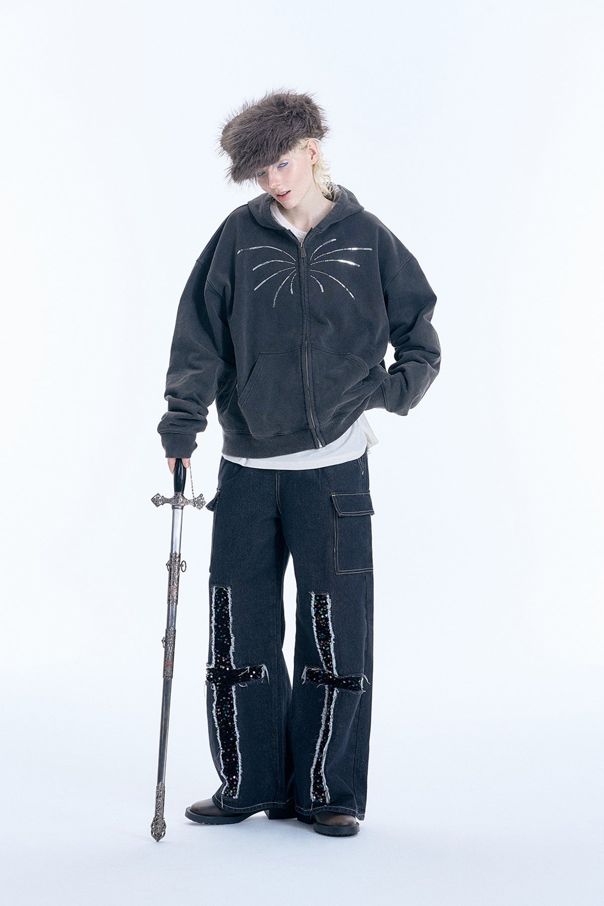 Firework Sequin Distressed Double Zip - Up Hoodie - COPPING THREADS - APRIORITY