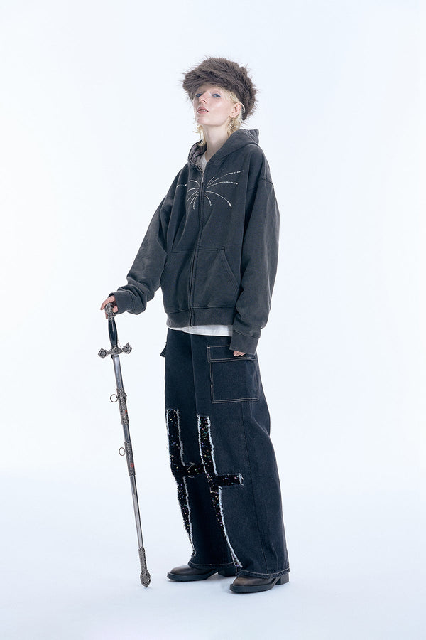 Firework Sequin Distressed Double Zip - Up Hoodie - COPPING THREADS - APRIORITY