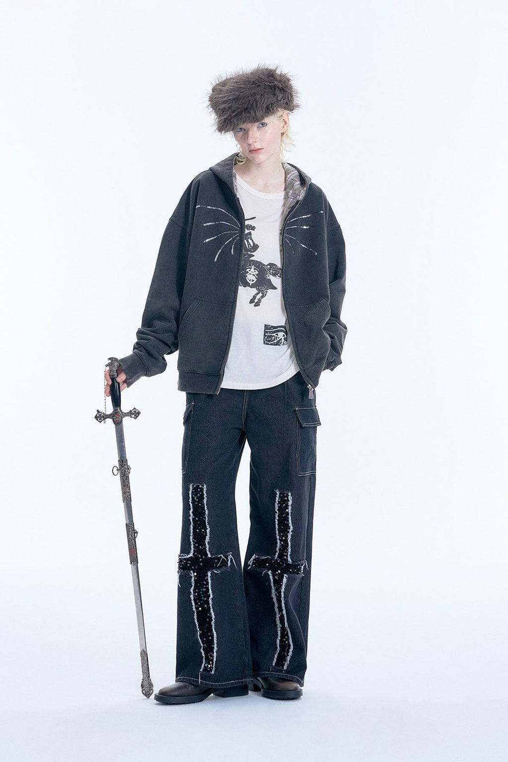 Firework Sequin Distressed Double Zip - Up Hoodie - COPPING THREADS - APRIORITY