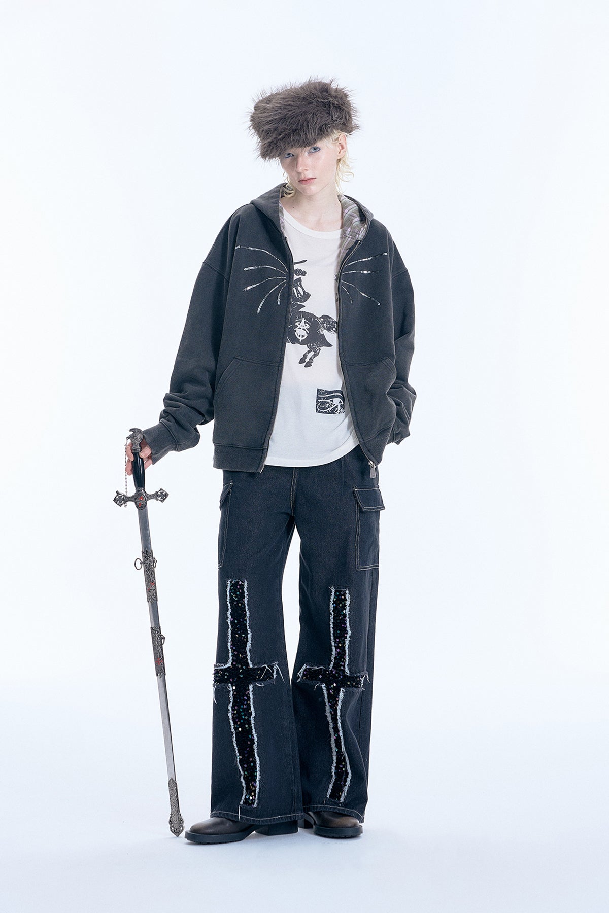 Firework Sequin Distressed Double Zip - Up Hoodie - COPPING THREADS - APRIORITY