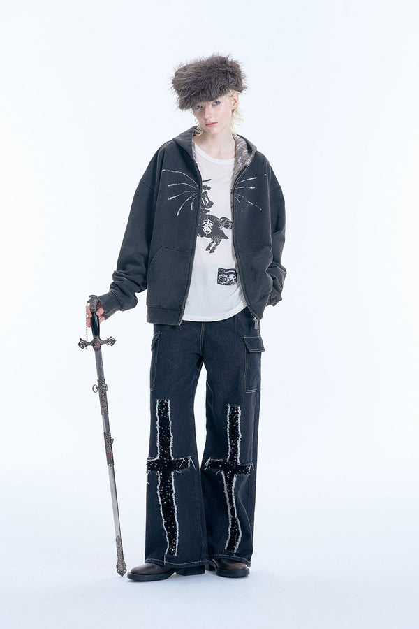 Firework Sequin Distressed Double Zip - Up Hoodie - COPPING THREADS - APRIORITY