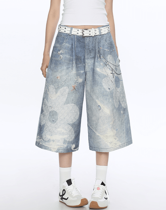 Floral Chain Print Denim Shorts - COPPING THREADS - CT Select Hover Image