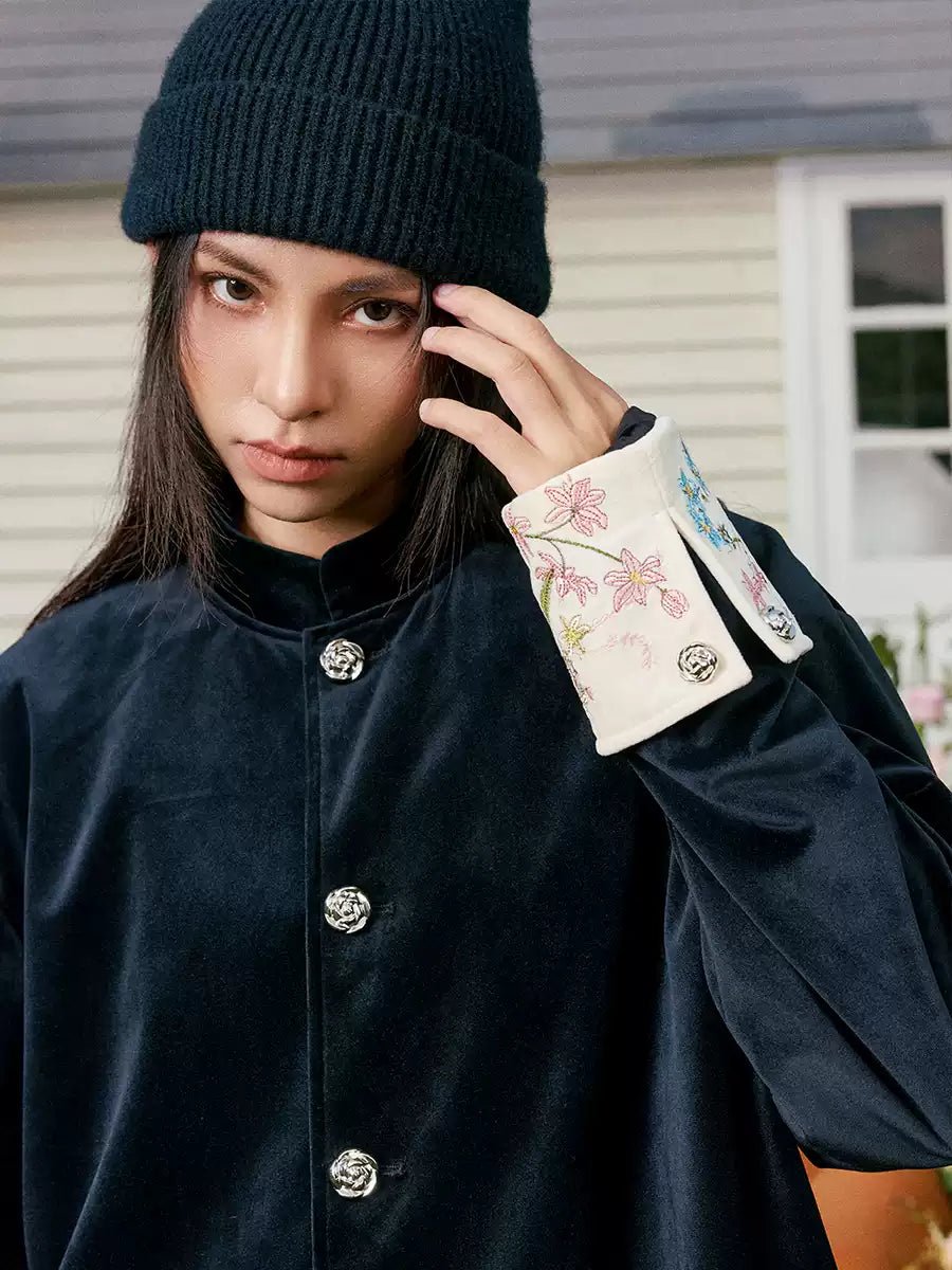 Floral Embroidered Velvet Modern Chinese Tang Jacket - COPPING THREADS - Harsh and Cruel