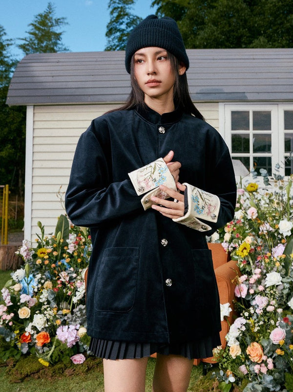 Floral Embroidered Velvet Modern Chinese Tang Jacket - COPPING THREADS - Harsh and Cruel