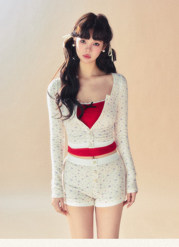 Floral Knit Cami Cardigan and Shorts Set - COPPING THREADS - SUNSETPARK