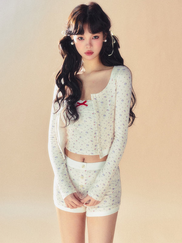 Floral Knit Cami Cardigan and Shorts Set - COPPING THREADS - SUNSETPARK