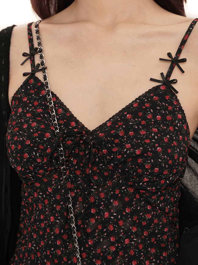 Floral Mesh Splice Lace Trim Cami Dress Main Image