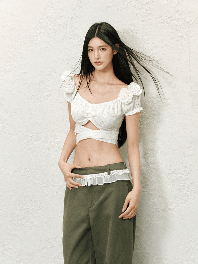 Floral Puff Sleeve Eyelet Crop Top - COPPING THREADS - AGAM Hover Image