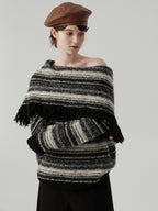 Fringed Off - Shoulder Striped Sweater - COPPING THREADS - CHICISLAND