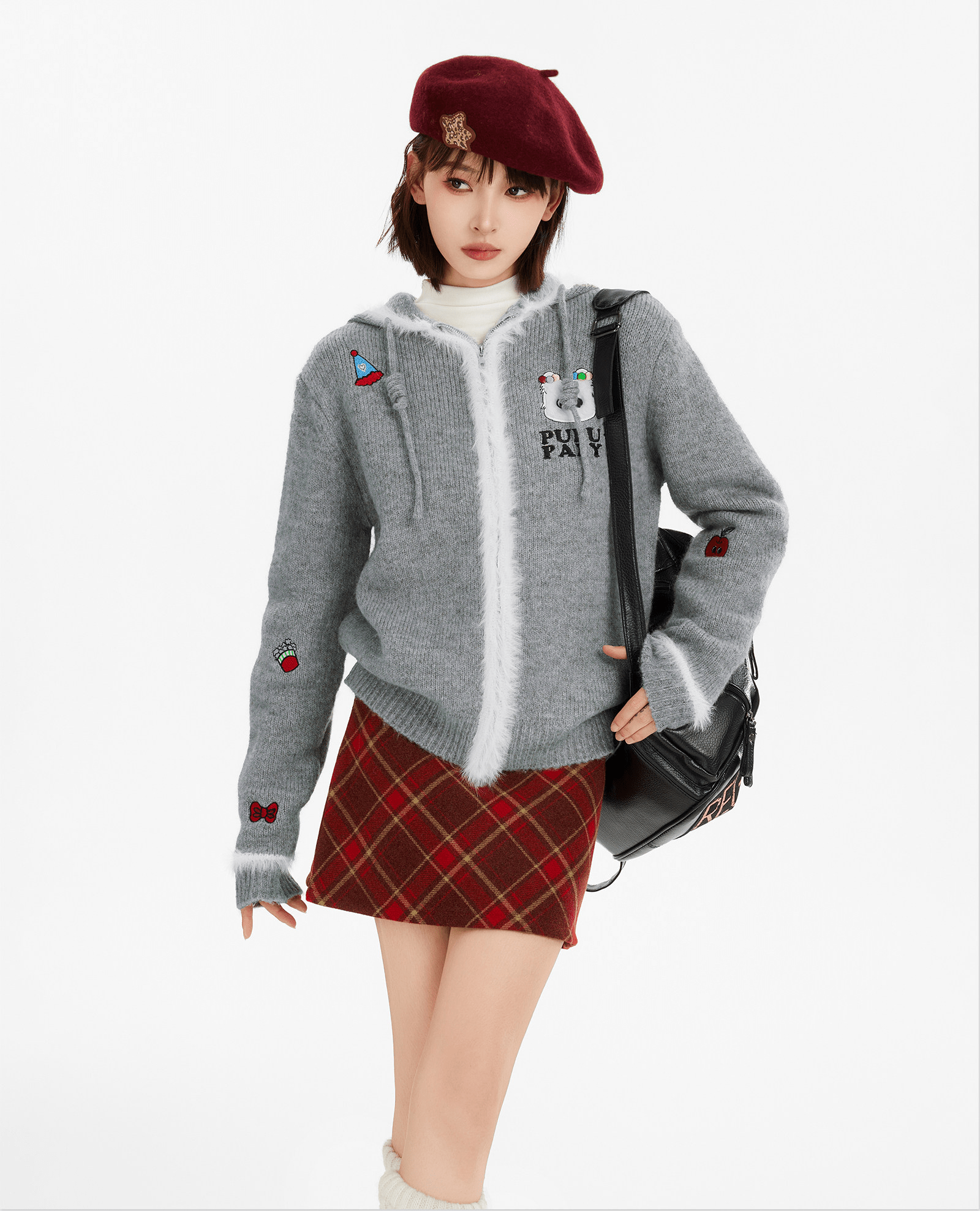 Fuzzy Trim & Embroidered Patches Knit Zip-Up Hoodie Secondary image