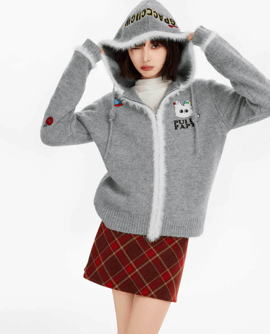 Fuzzy Trim & Embroidered Patches Knit Zip - Up Hoodie - COPPING THREADS - CT Select