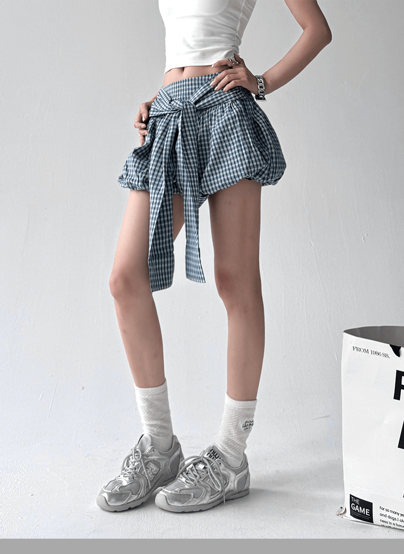 Gingham Balloon Skirt Shorts with Front Tie - COPPING THREADS - CT Select