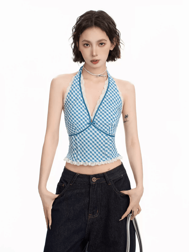 Gingham Lace Halter Crop Top - COPPING THREADS - CT Select Hover Image