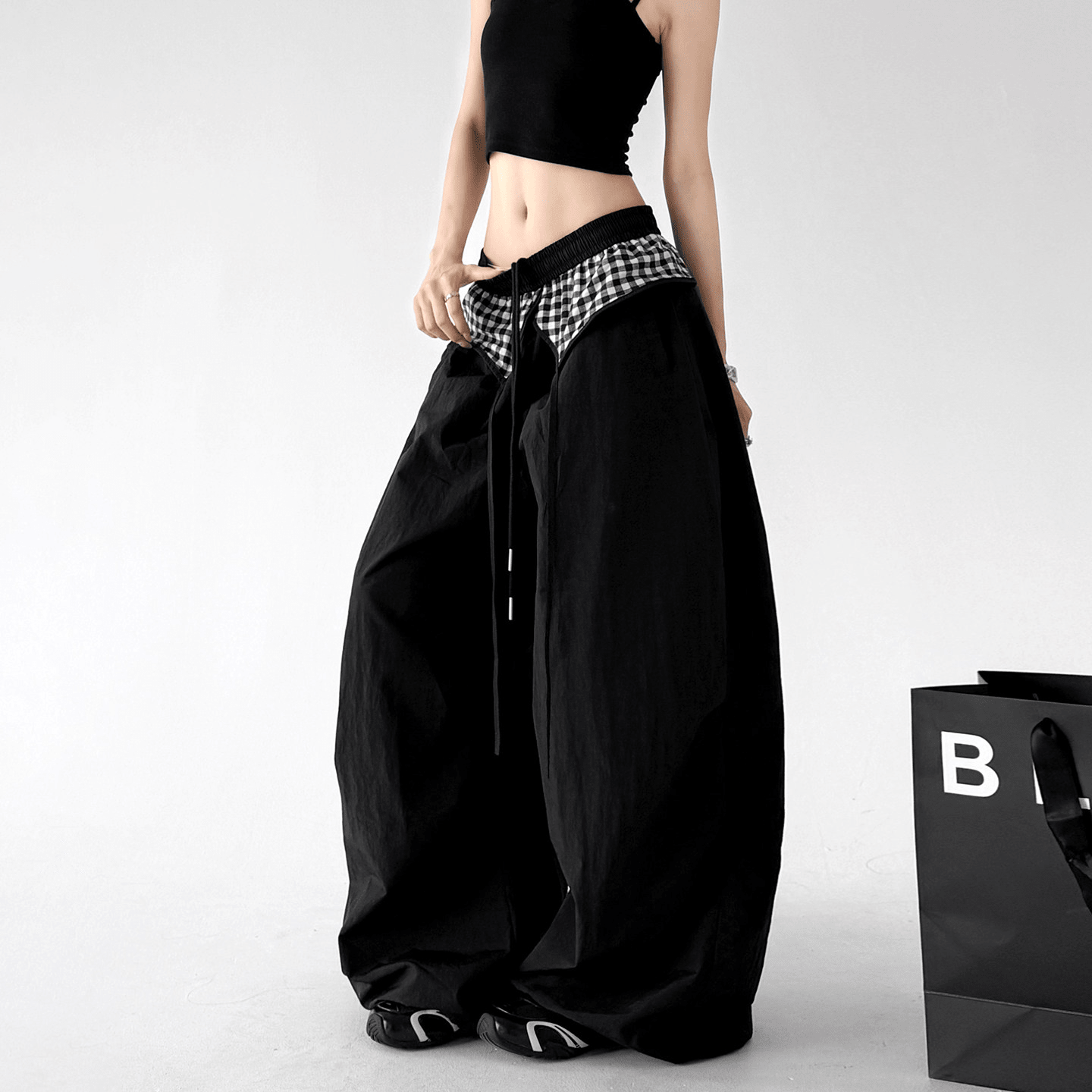 Gingham Layered Wide - Leg Parachute Pants - CT583 - COPPING THREADS - CT Select