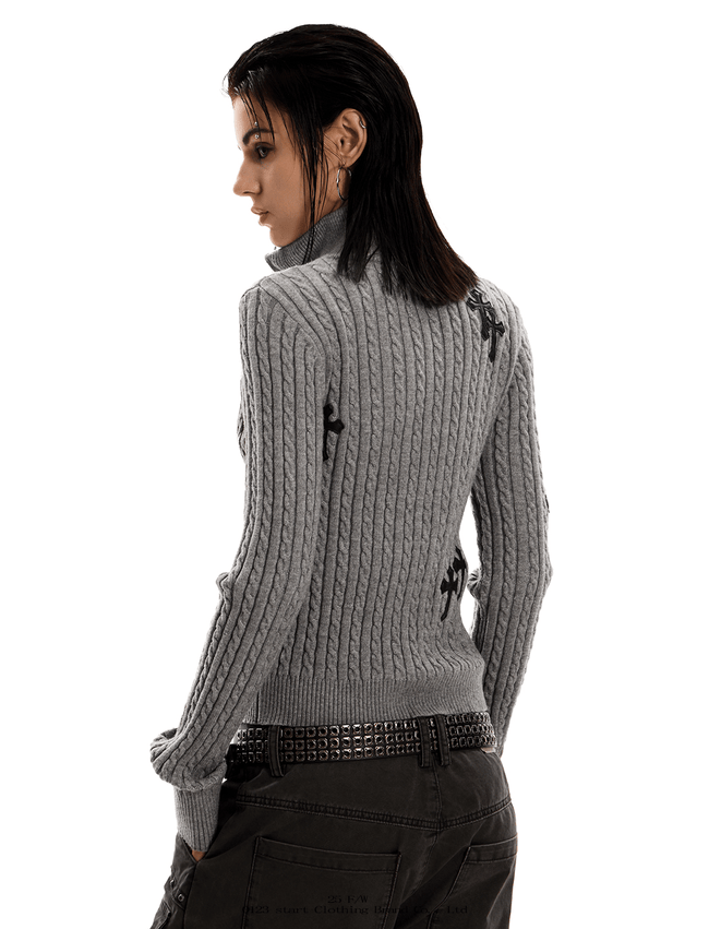 Gothic Cross Double-Zip Fitted Turtleneck Cardigan Main Image