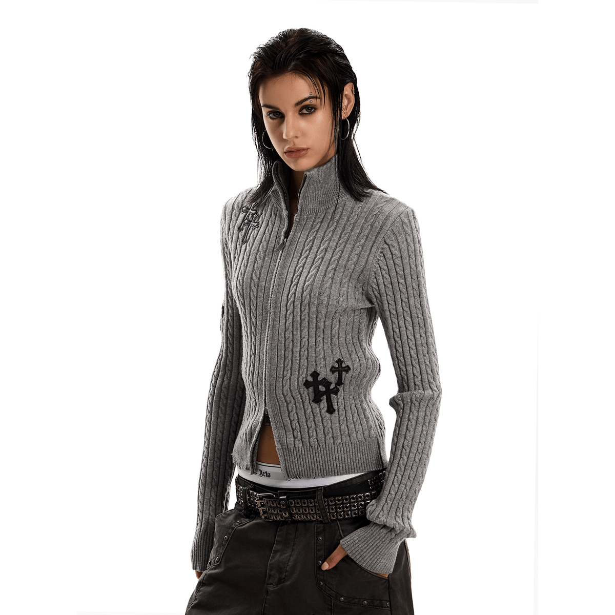 Gothic Cross Double - Zip Fitted Turtleneck Cardigan - COPPING THREADS - 0123Start