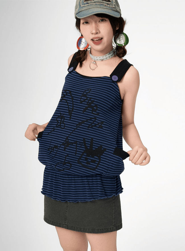 Graffiti Striped Ruffle Hem Tank Top - COPPING THREADS - CT Coquette Hover Image