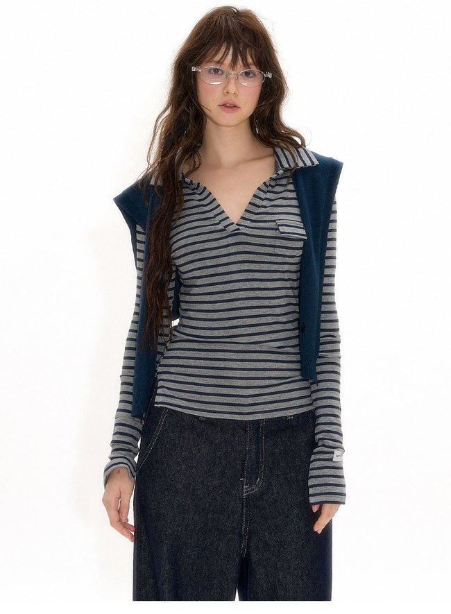 Gray - Black Striped Knit Polo Long Sleeve Shirt - COPPING THREADS - CHICISLAND Hover Image