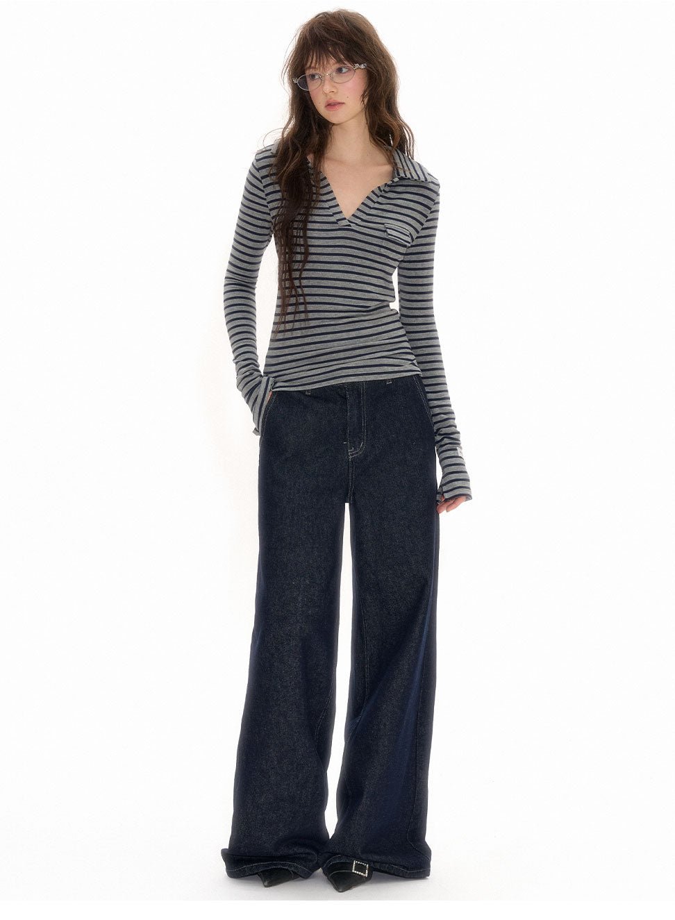 Gray - Black Striped Knit Polo Long Sleeve Shirt - COPPING THREADS - CHICISLAND