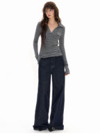 Gray - Black Striped Knit Polo Long Sleeve Shirt - COPPING THREADS - CHICISLAND