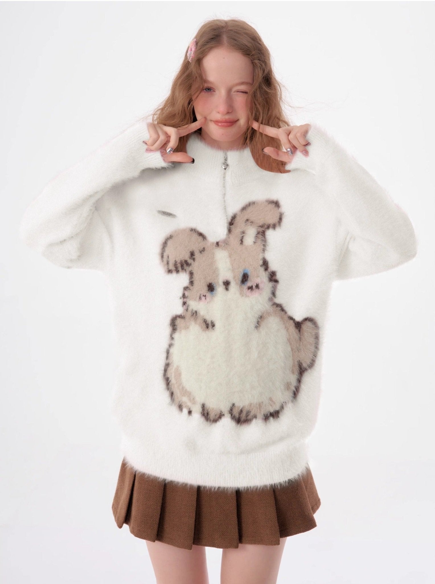 Half - Zip Plush Bunny Pattern Round Neck Knit Sweater - COPPING THREADS - 11SH