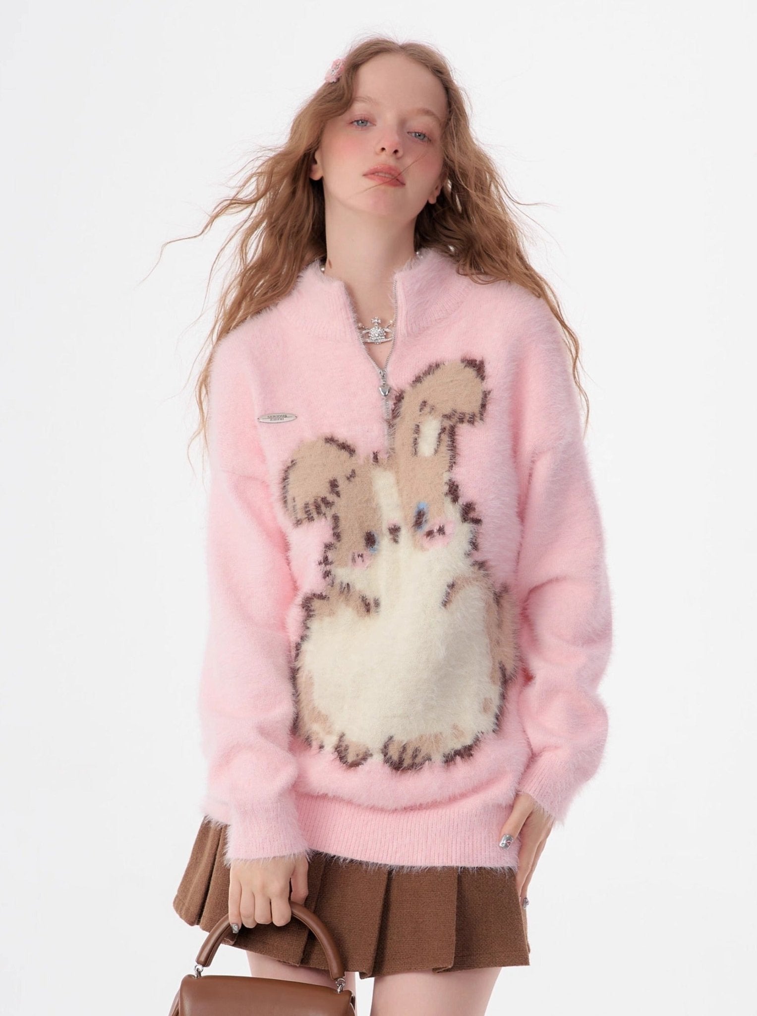 Half - Zip Plush Bunny Pattern Round Neck Knit Sweater - COPPING THREADS - 11SH