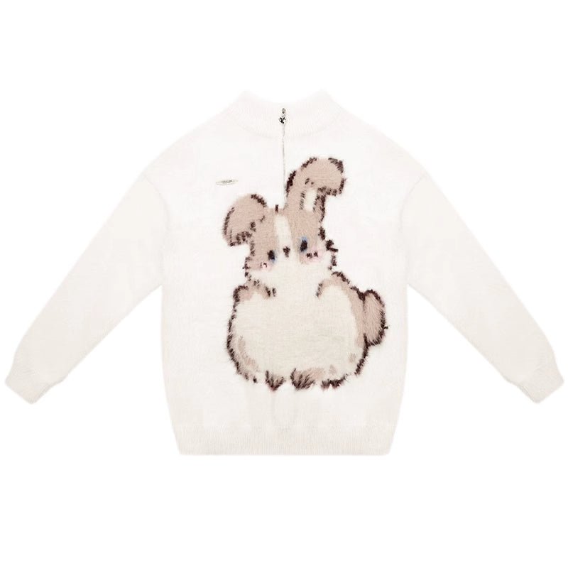 Half - Zip Plush Bunny Pattern Round Neck Knit Sweater - COPPING THREADS - 11SH