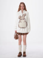 Half - Zip Plush Bunny Pattern Round Neck Knit Sweater - COPPING THREADS - 11SH