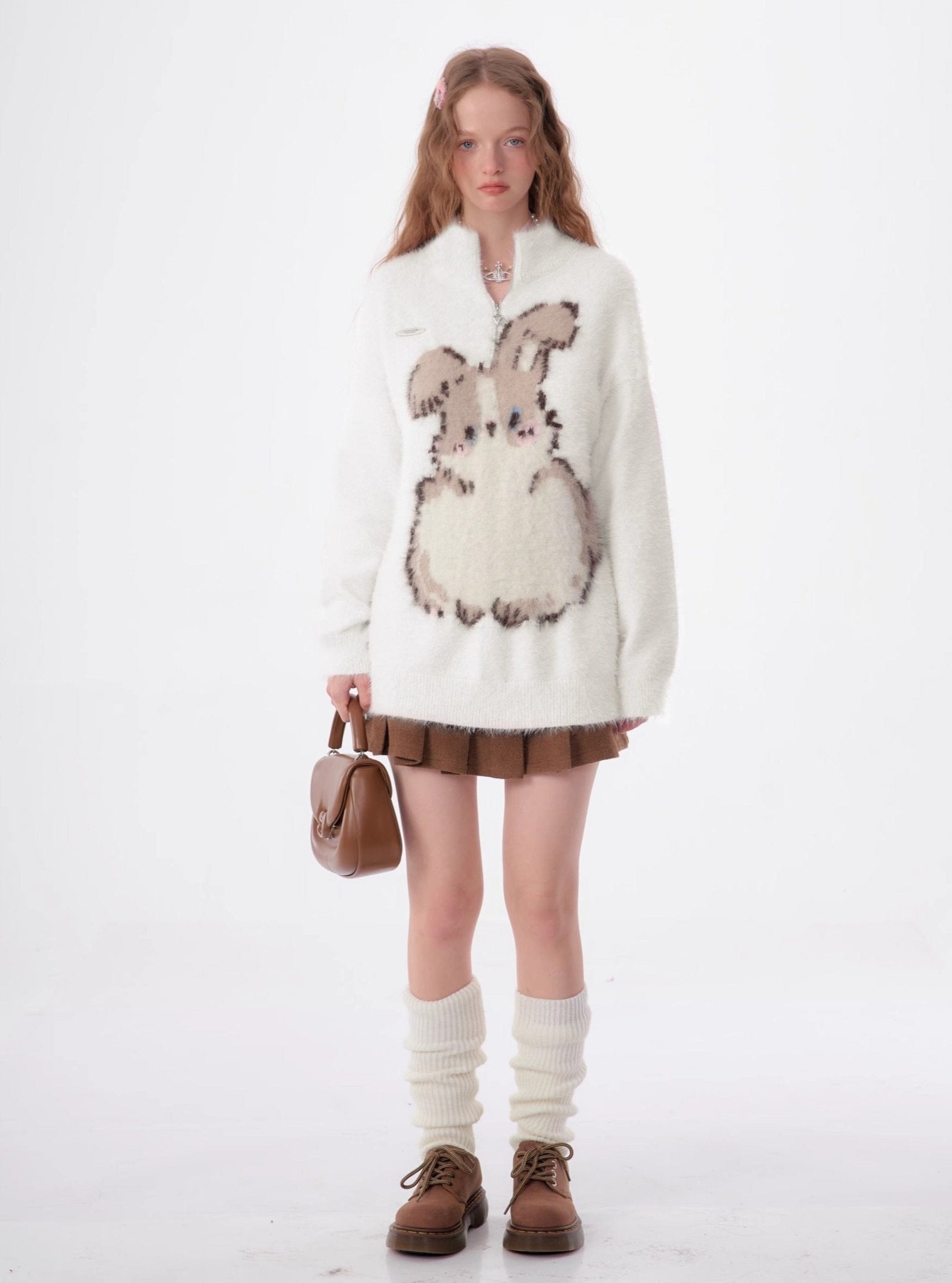 Half - Zip Plush Bunny Pattern Round Neck Knit Sweater - COPPING THREADS - 11SH