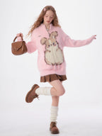 Half - Zip Plush Bunny Pattern Round Neck Knit Sweater - COPPING THREADS - 11SH