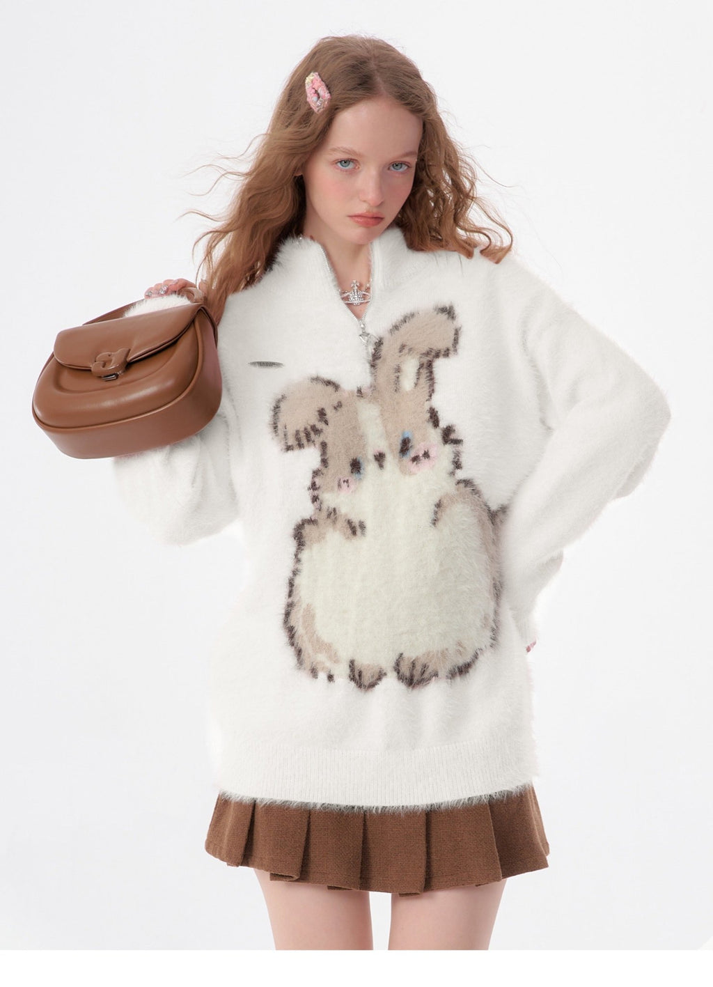 Half - Zip Plush Bunny Pattern Round Neck Knit Sweater - COPPING THREADS - 11SH