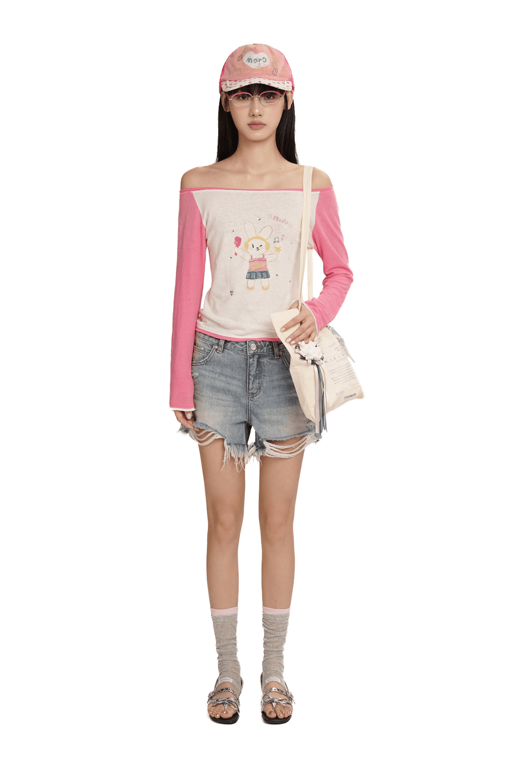 Hand - Drawn Bunny Graphic Off - Shoulder Tee - COPPING THREADS - MOROMORO