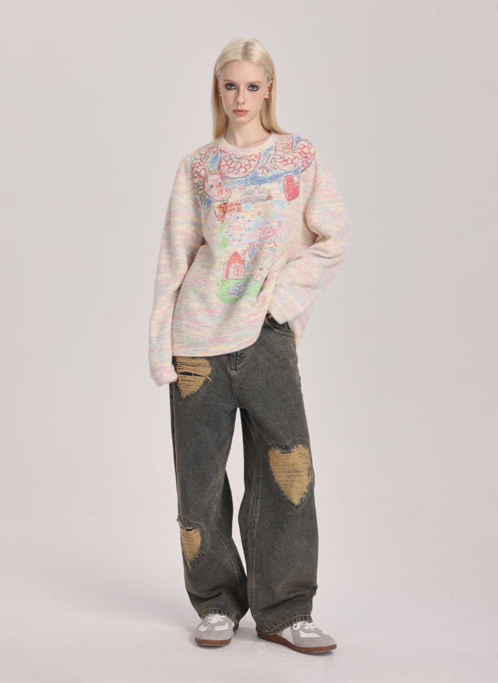 Hand - Drawn Dragon Print Rainbow Crewneck Pullover - COPPING THREADS - ARTMONSTER