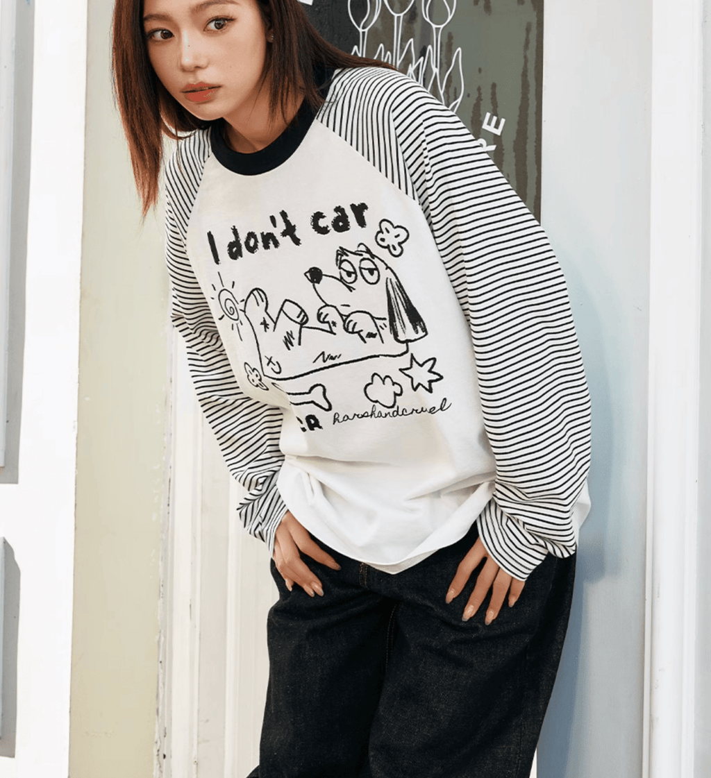 Hand - Drawn Graphic Striped Raglan Sleeve Tee - COPPING THREADS - Harsh and Cruel