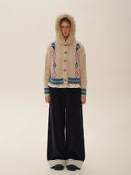 Hand - Embroidered Dotted Plaid Detachable Faux Fur Collar Cardigan Sweater - COPPING THREADS - MOROMORO