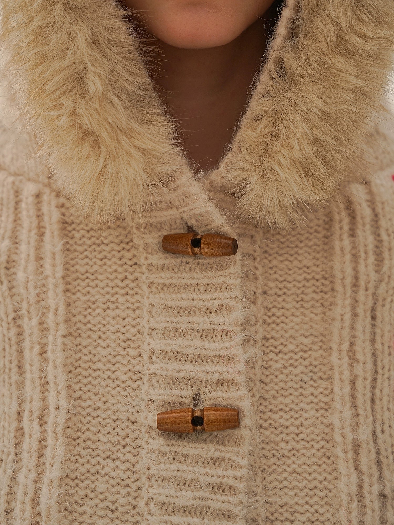 Hand - Embroidered Dotted Plaid Detachable Faux Fur Collar Cardigan Sweater - COPPING THREADS - MOROMORO