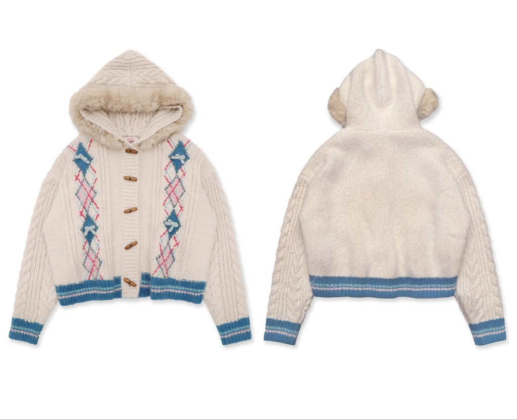 Hand - Embroidered Dotted Plaid Detachable Faux Fur Collar Cardigan Sweater - COPPING THREADS - MOROMORO