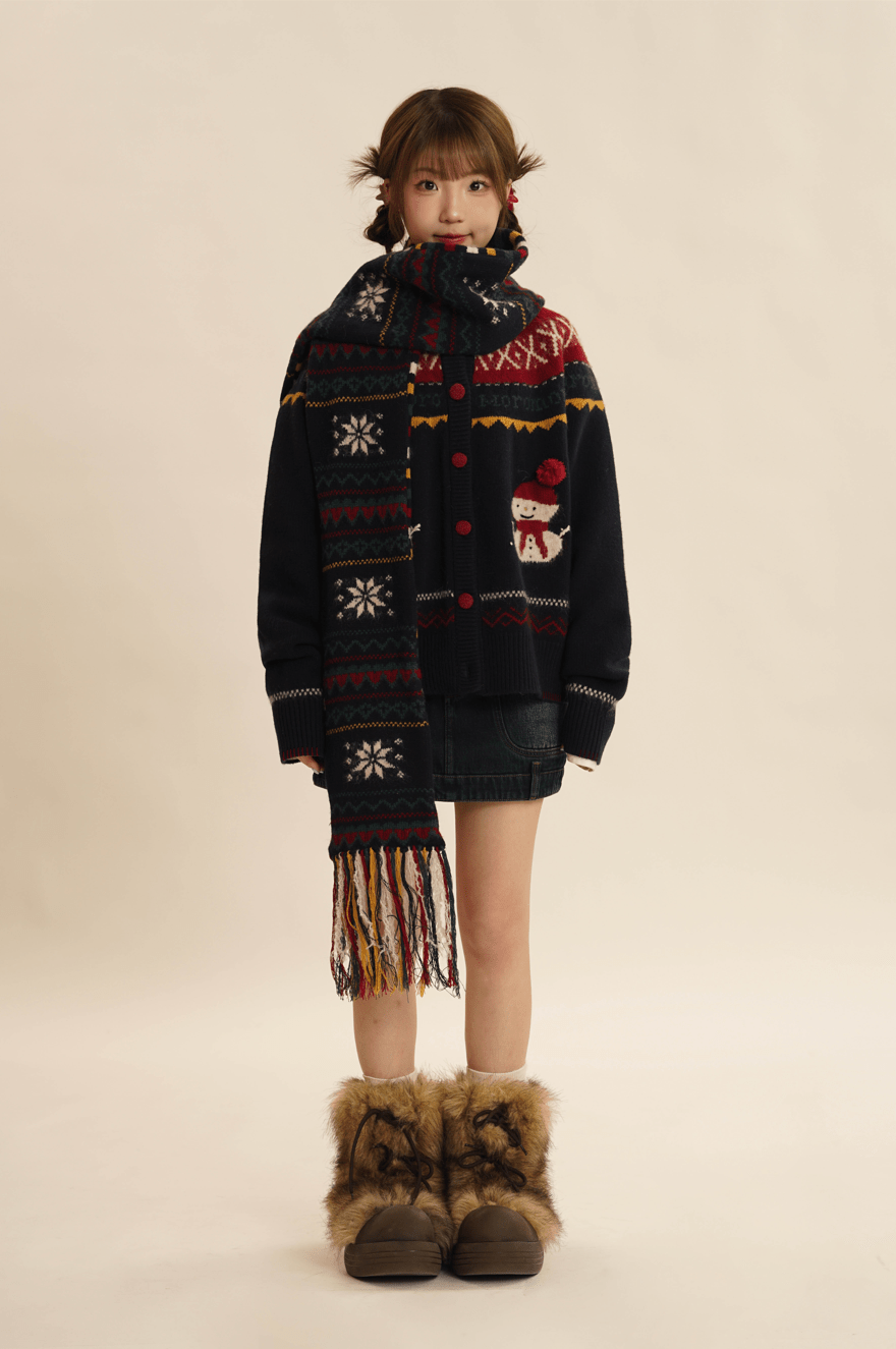 Hand - Embroidered Snowman Jacquard Cardigan Sweater - COPPING THREADS - MOROMORO