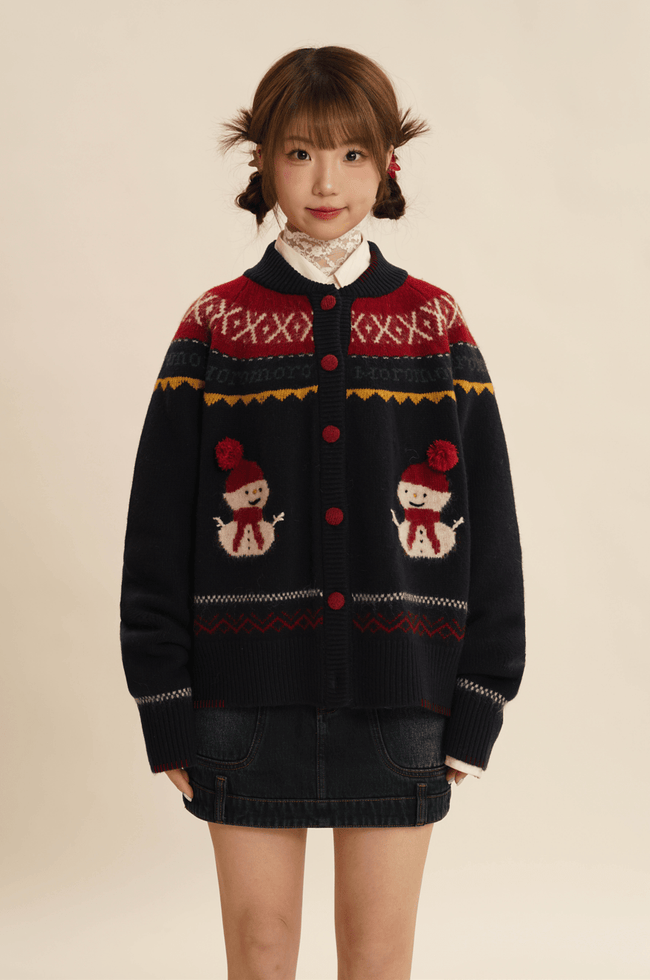 Hand - Embroidered Snowman Jacquard Cardigan Sweater - COPPING THREADS - MOROMORO Hover Image