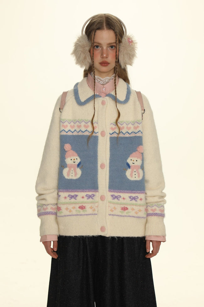 Hand - Embroidered Snowman Jacquard Cardigan Sweater - COPPING THREADS - MOROMORO Hover Image