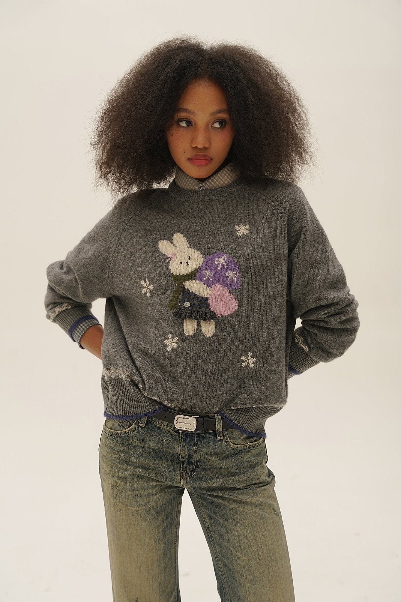 Hand - Sewn Snowflake & Bunny Wool Knit Sweater - COPPING THREADS - MOROMORO