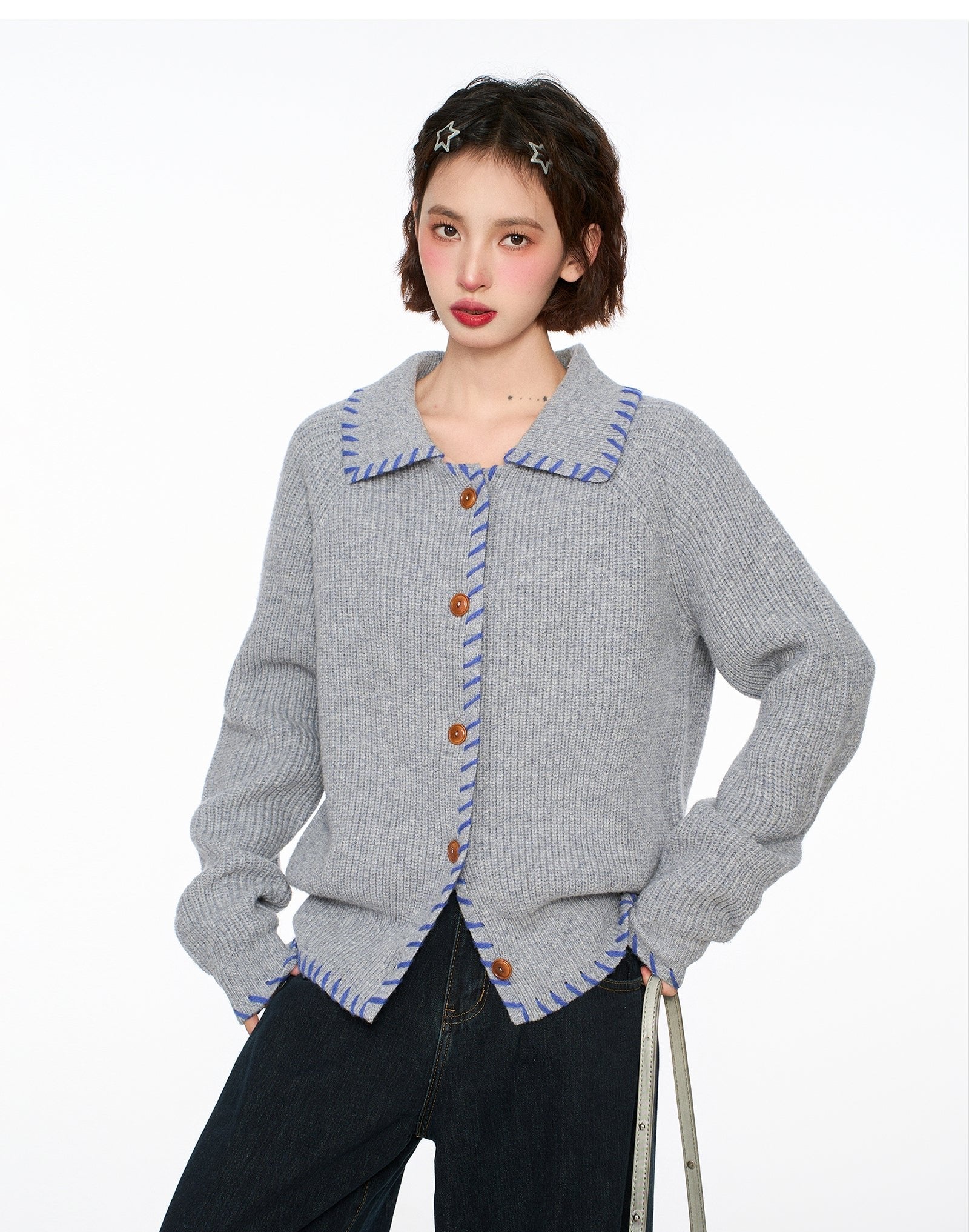 Hand - Stitched Yarn Edge Collared Knit Sweater - COPPING THREADS - CHICISLAND