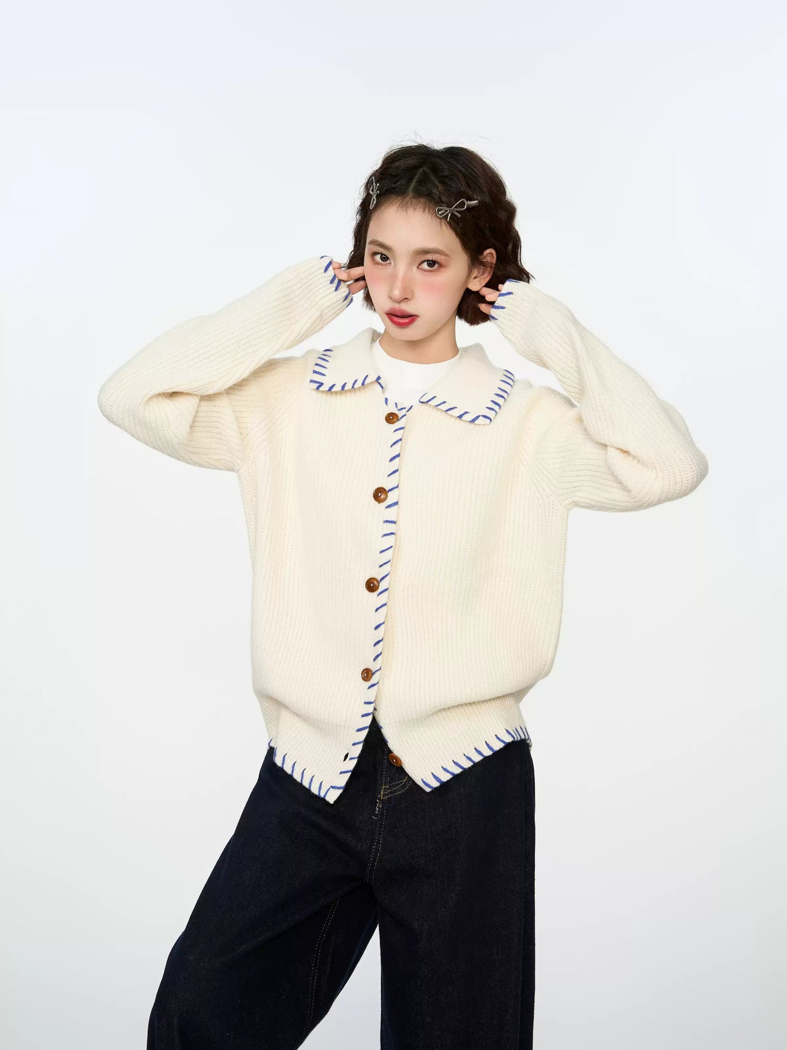 Hand - Stitched Yarn Edge Collared Knit Sweater - COPPING THREADS - CHICISLAND