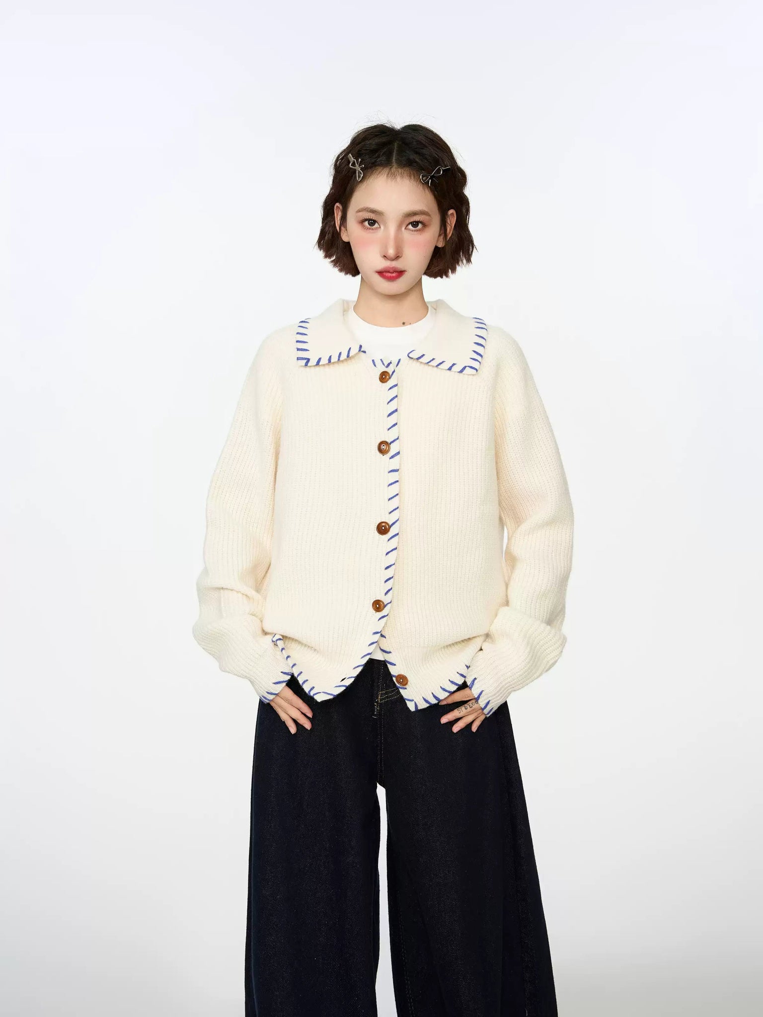 Hand - Stitched Yarn Edge Collared Knit Sweater - COPPING THREADS - CHICISLAND