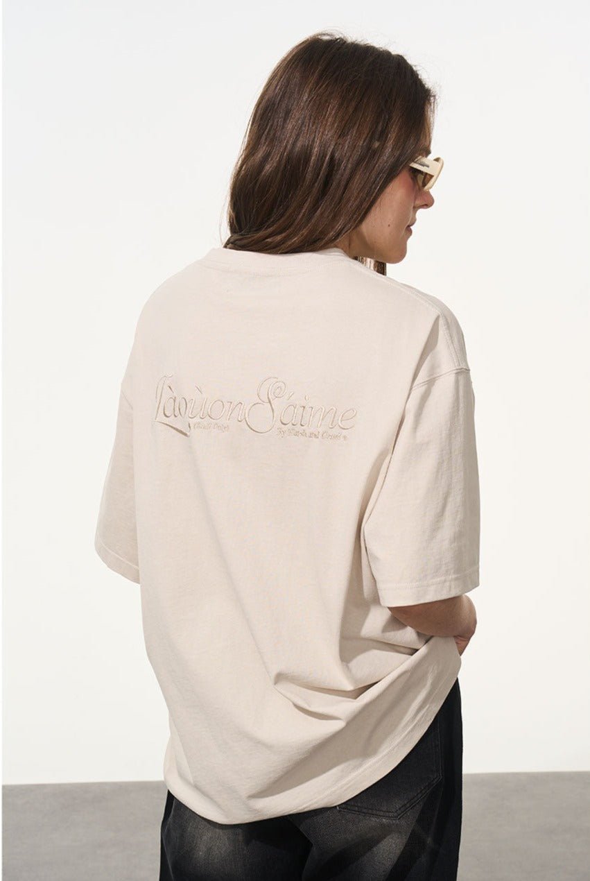 Handwritten Embroidered French Slogan Letter Tee - COPPING THREADS - Harsh and Cruel