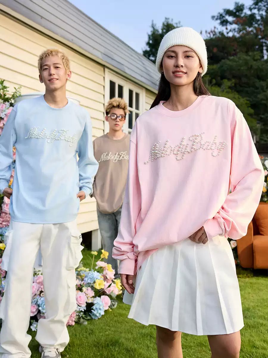 Handwritten Pearl Embroidery Crewneck Long Sleeve Tee - COPPING THREADS - Harsh and Cruel