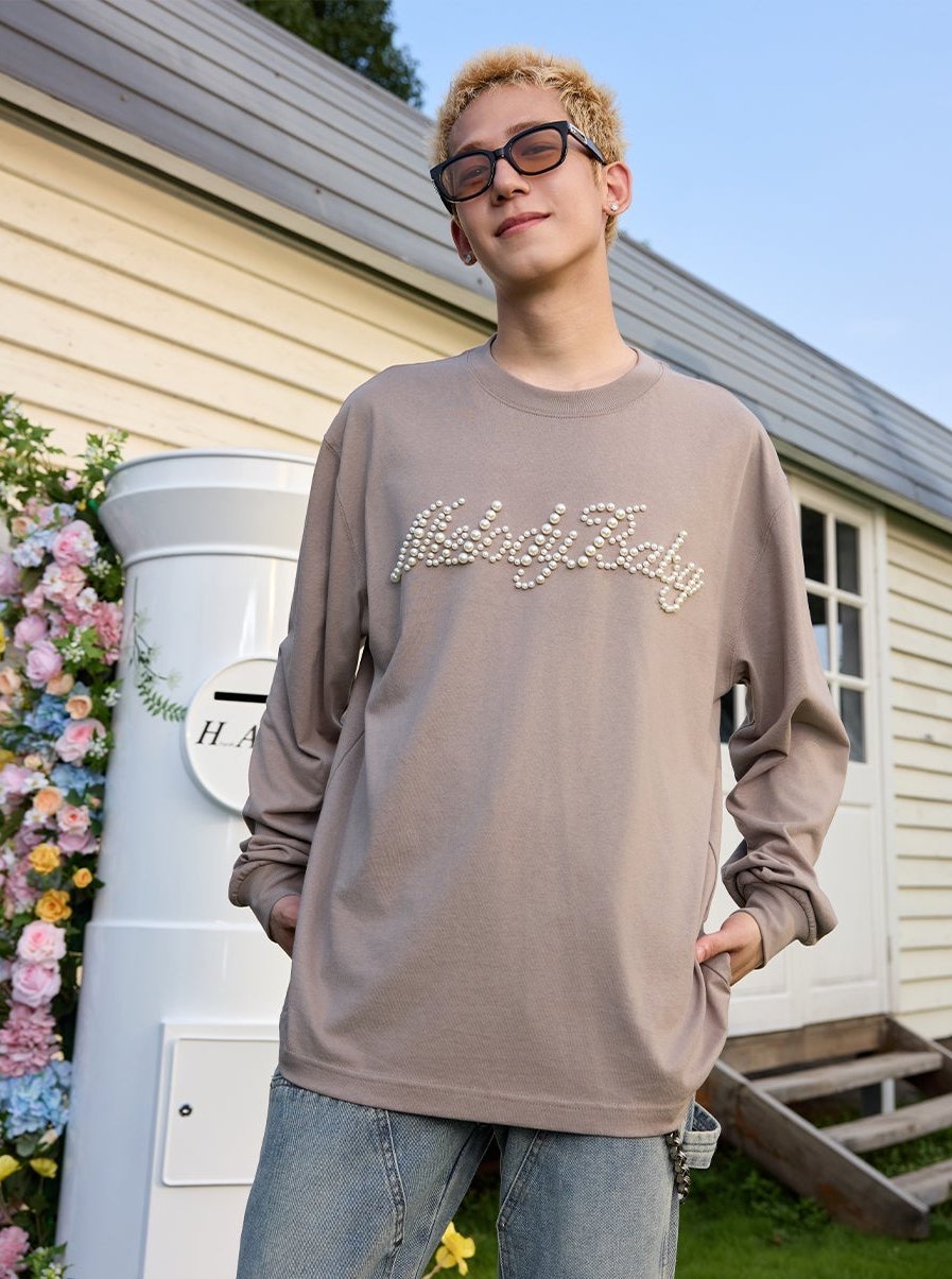 Handwritten Pearl Embroidery Crewneck Long Sleeve Tee - COPPING THREADS - Harsh and Cruel
