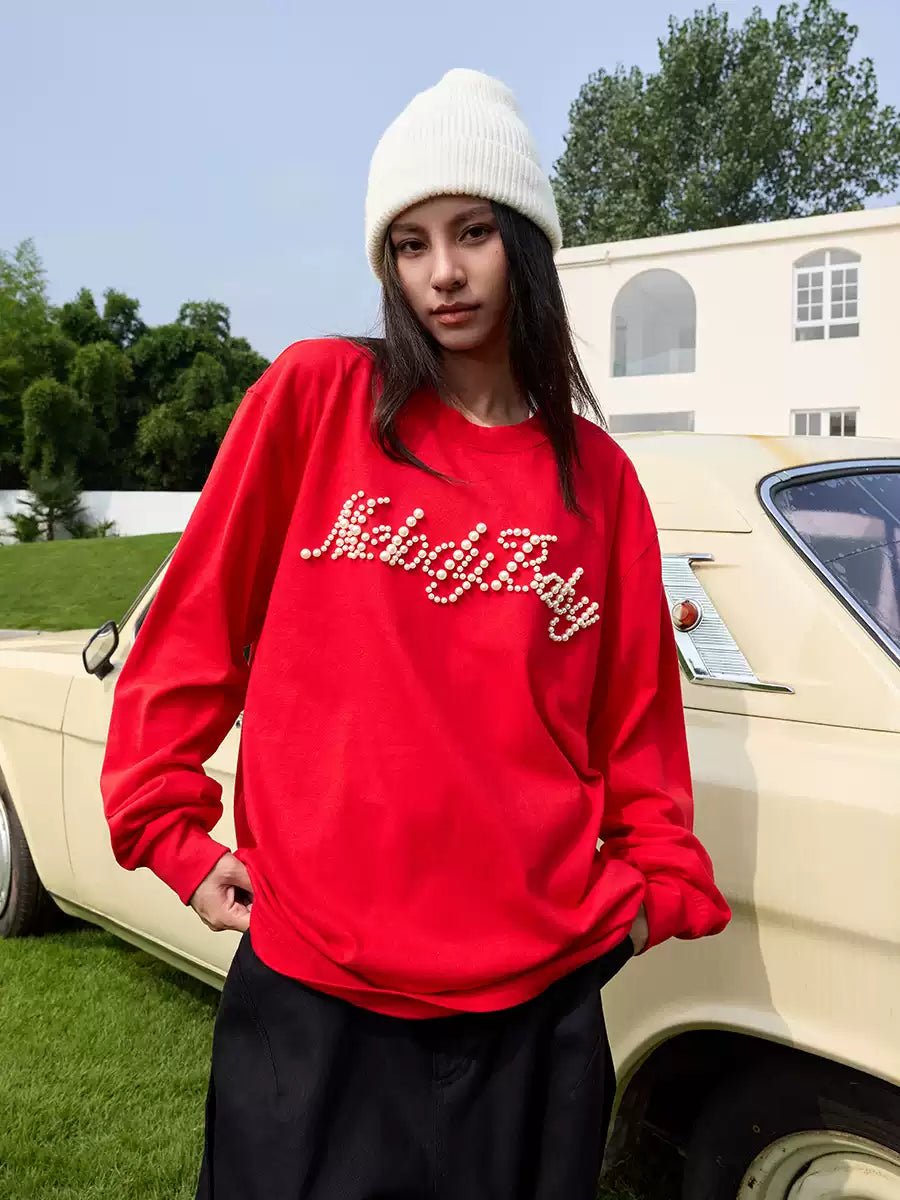 Handwritten Pearl Embroidery Crewneck Long Sleeve Tee - COPPING THREADS - Harsh and Cruel