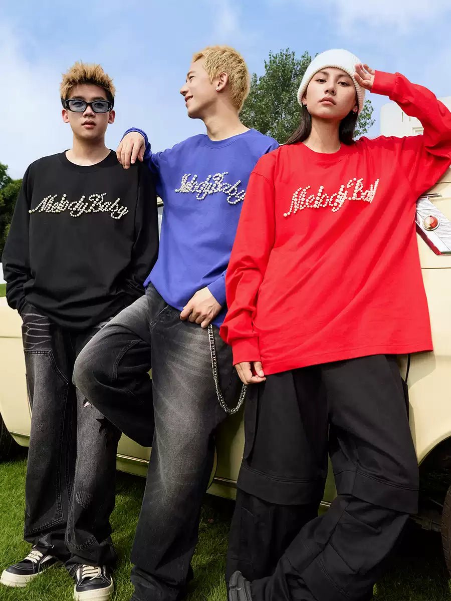 Handwritten Pearl Embroidery Crewneck Long Sleeve Tee - COPPING THREADS - Harsh and Cruel