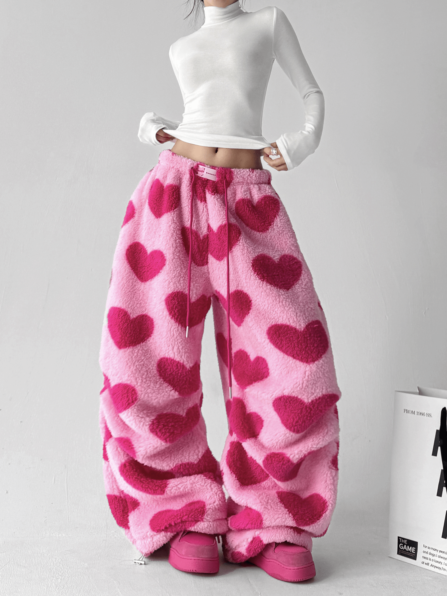 Heart Print Plush Wide-Leg Pants Secondary image
